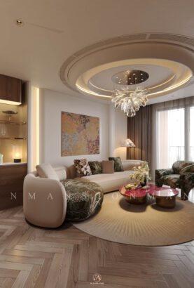 Phòng khách với điểm nhấn đặt biệt ở màu sắc và chất liệu, họa tiết